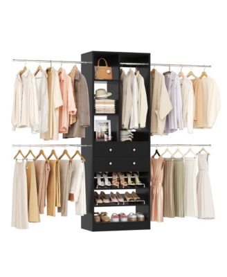 2.4-8 FT Wide Adjustable Closet Organizer, Closet System with 2 Drawers, 5 Hanging Rods, Adjustable Shoe Racks and Shelves