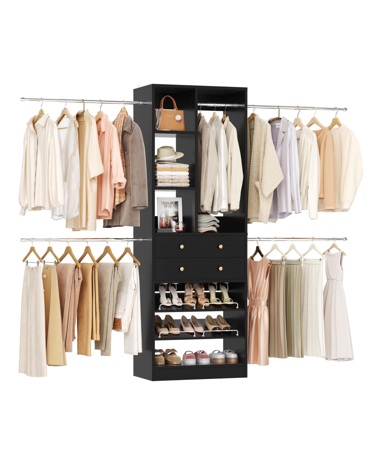 Aheaplus 2.4-8 Ft Wide Adjustable Closet Organizer, System with 2 Drawers, 5 Hanging Rods, Shoe Racks and Shelves