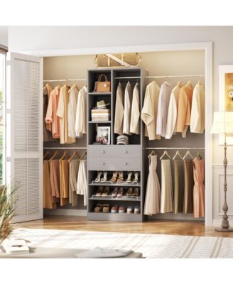 2.4-8 FT Wide Adjustable Closet Organizer, Closet System with 2 Drawers, 5 Hanging Rods, Adjustable Shoe Racks and Shelves