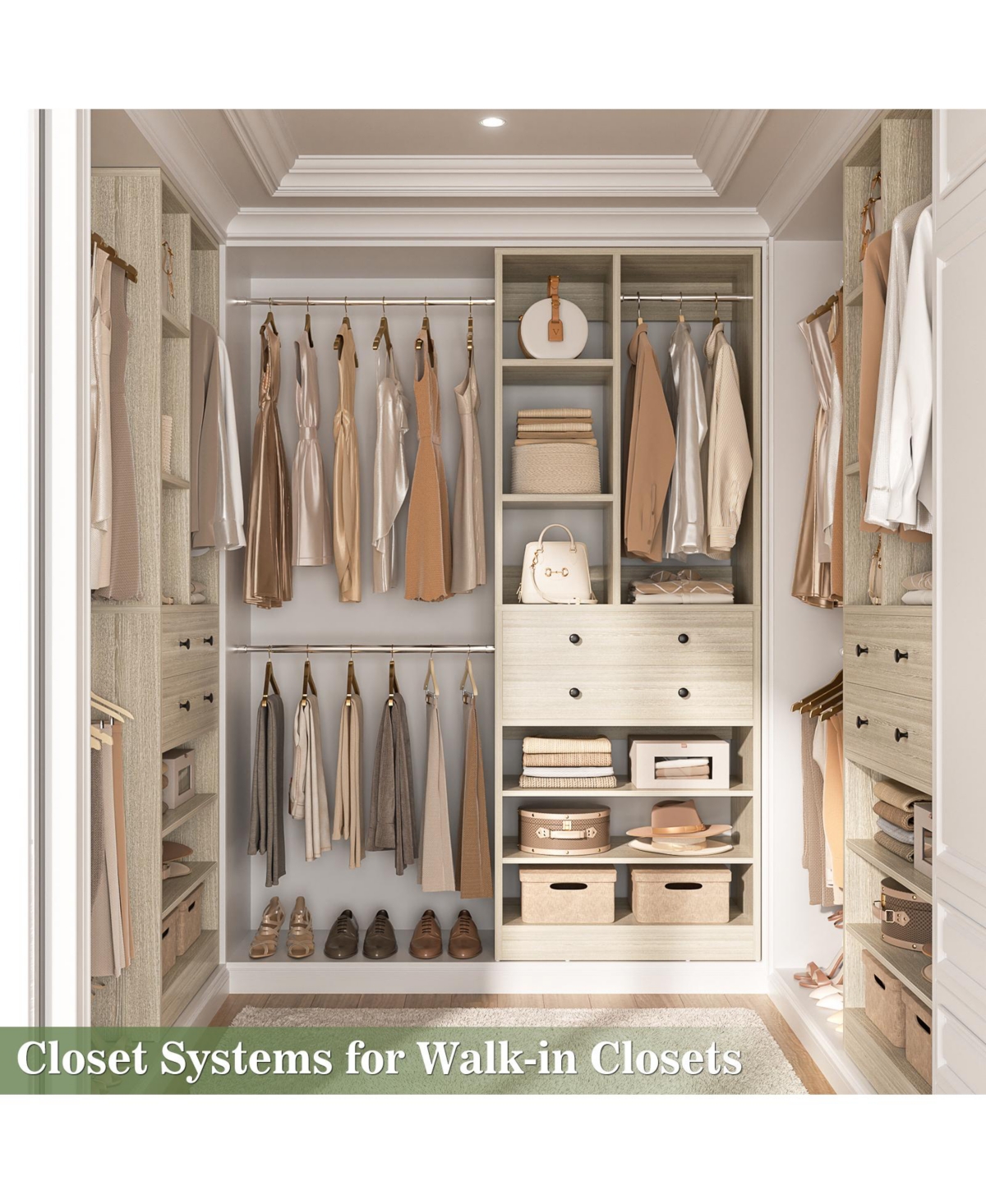 Aheaplus 2.4-8 Ft Wide Adjustable Closet Organizer, System with 2 Drawers, 5 Hanging Rods, Shoe Racks and Shelves