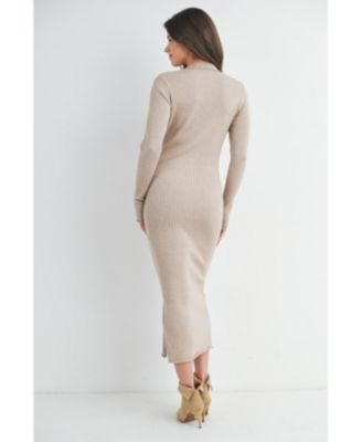 Maternity Long Sleeve Ribbed Collared V Neck Nursing Dress