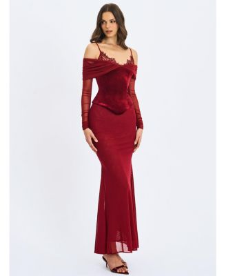 Women's Maybelle Magenta Bardot Lace Strap Peplum Maxi Dress