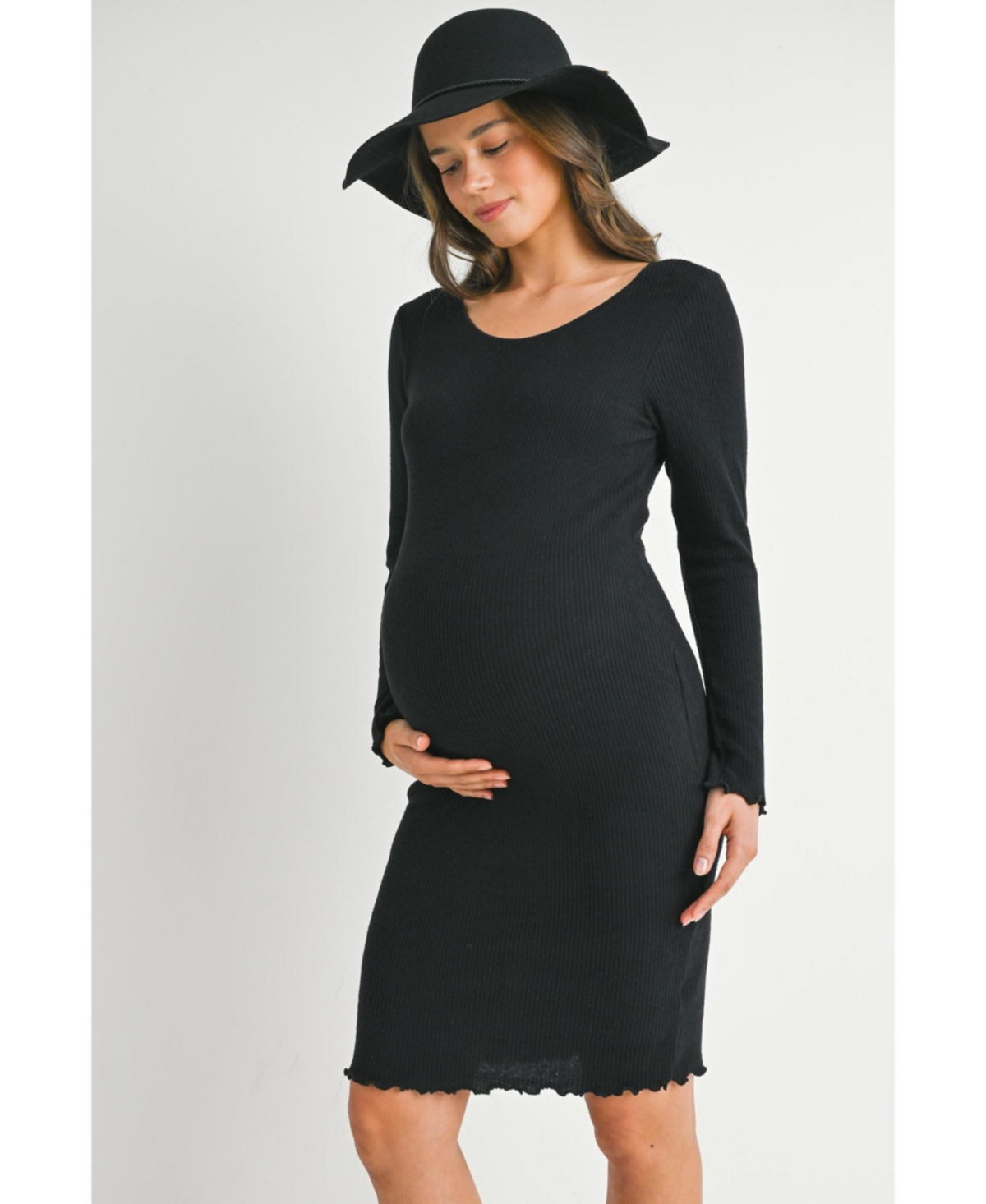 Hello Miz Maternity Long Sleeve Ribbed Knit Sweater Dress with Lettuce Hem