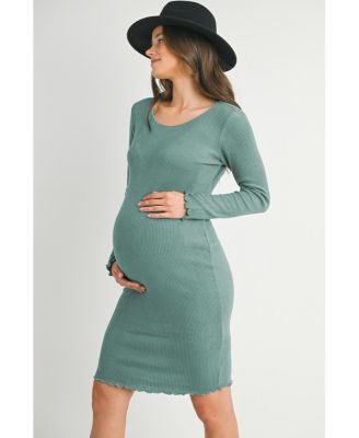 Maternity Long Sleeve Ribbed Knit Sweater Dress with Lettuce Hem