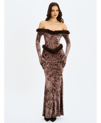 Women's Tessa Coffee Sweetheart Bardot Faux Fur Velvet Mermaid Maxi Dress