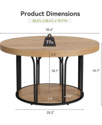 35.5-Inch Rustic Wood 2-Tier Round Coffee Table with Open Storage