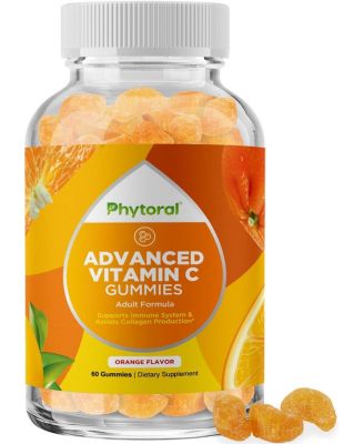 Advanced Vitamin C Gummies for Adults, Orange Flavored Chewable Ascorbic Acid Gummies, Immune Booster and Brain Vitamins Supplement, 60ct