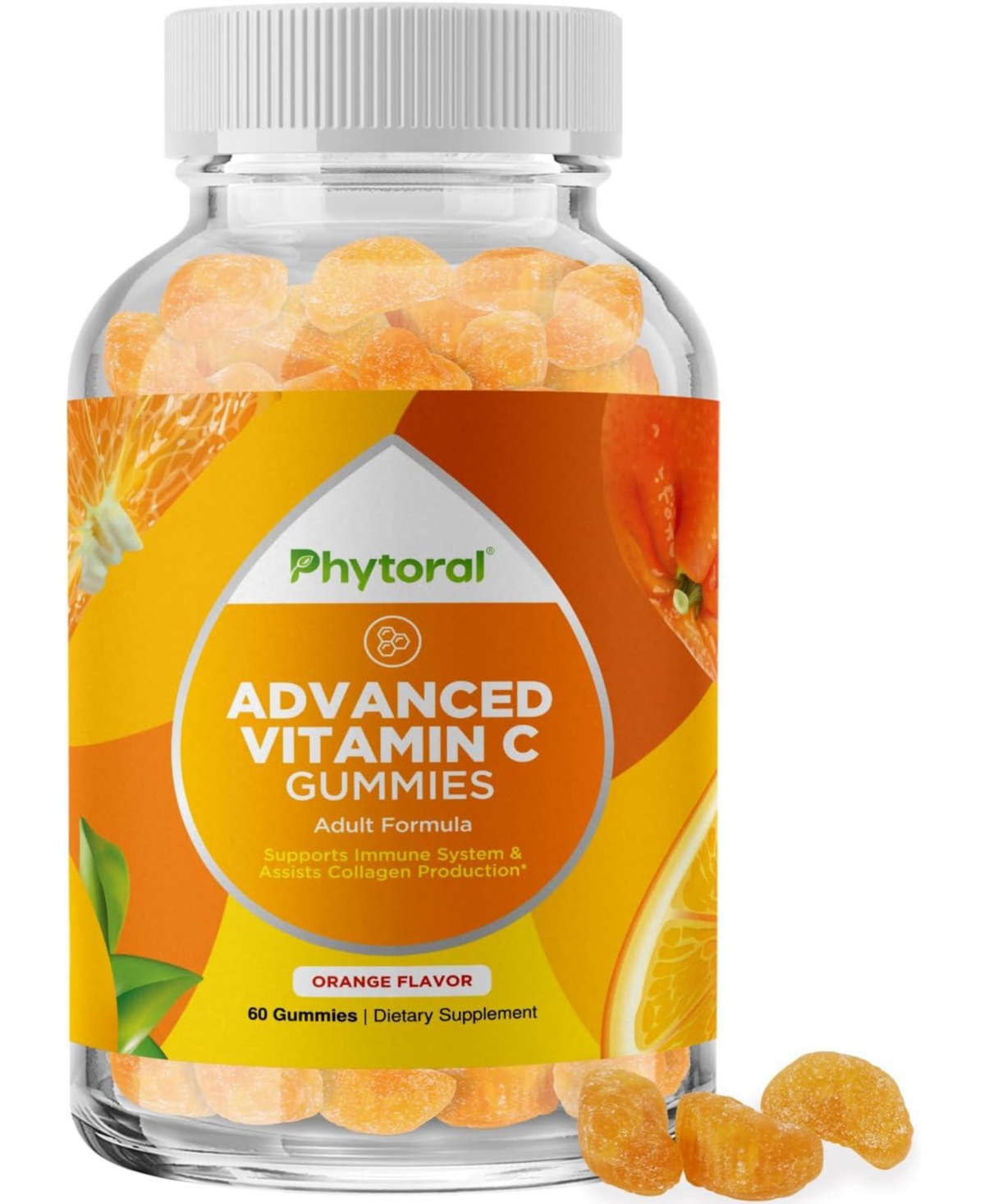 Advanced Vitamin C Gummies for Adults, Orange Flavored Chewable Ascorbic Acid Gummies, Immune Booster and Brain Vitamins Supplement, Phytoral, 60ct