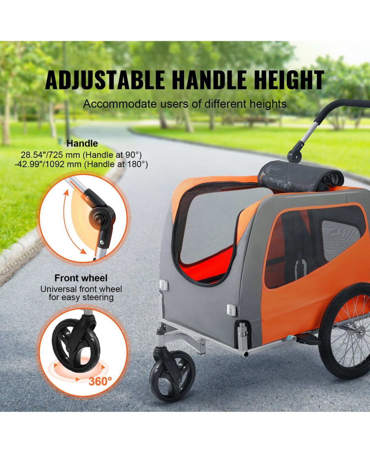 Cozito 2-in-1 Foldable Pet Bike Trailer & Stroller, Holds up to 66 lbs., Orange & Gray