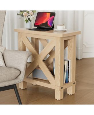 Farmhouse Side Table Set of 2, Narrow End Table for Space Saving, Bedside Furniture for Bedroom, Living Room, Small Spaces, Oak