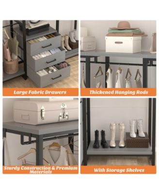 Heavy Duty Closet Rack with 5 Hanging Rods & 3 Fabric Drawers, Reversible Garment Rack with Shelves for Closet/Bedroom