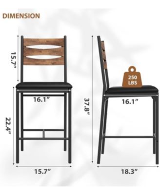 Wooden Bar Stools Set of 2, Faux Leather Upholstered Bar Chairs with Backrest, Footrest & Thick Cushion, Counter Height
