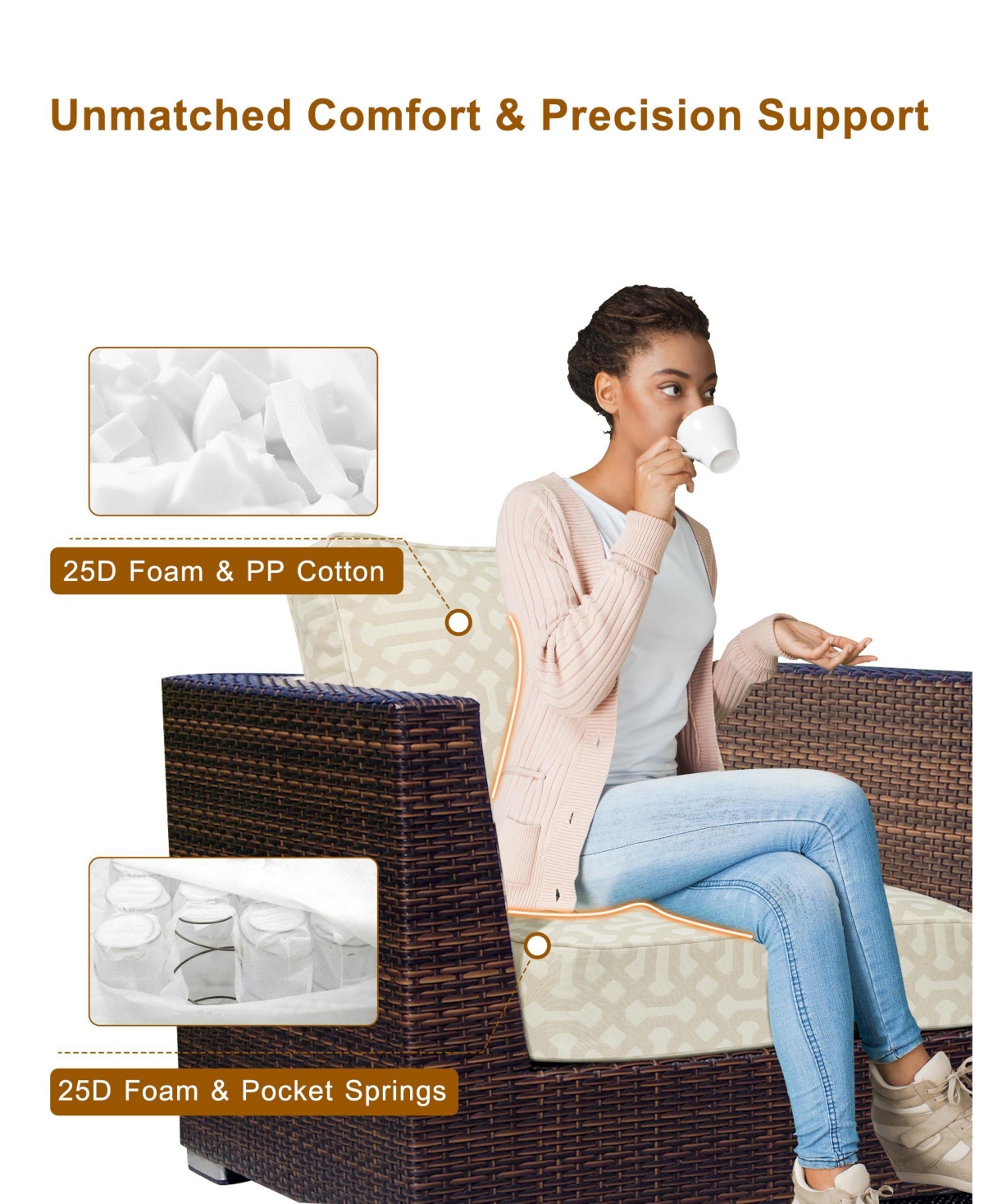 Aoodor Outdoor Patio Chair Cushions Set, Sunbrella Fabric Weather-Resistant Outdoor Cushion with Individual Pocket Springs