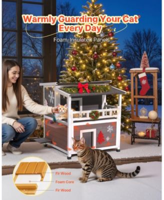 Insulated 2-Story Wooden Outdoor Cat House with Balcony, 33