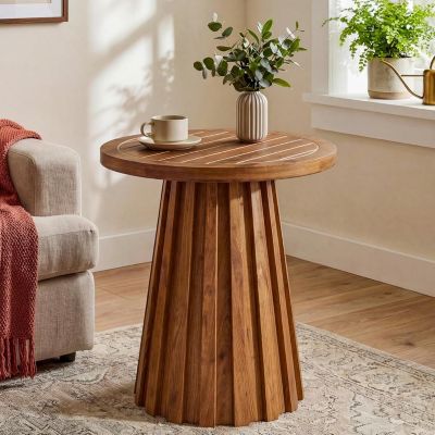 Round Side Table, Solid Wood End Table with Fluted Base, Modern Rustic Night Stand for Living Room, Bedroom, Small Space