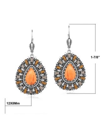 Sterling Silver Orange Spiny Oyster, Tiger's Eye, and Smoky Quartz Cluster Pear Shaped Dangle Earrings