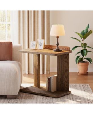 Solid Wood C-Shaped End Table, Farmhouse Wooden Side Table with Book Groove & Holder, 2-Tier Bedside Nightstand