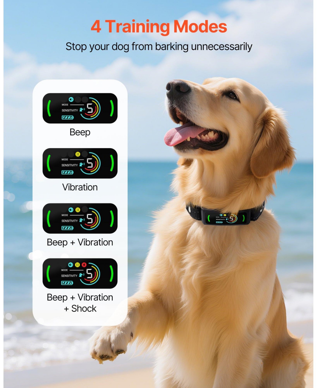 Cozito Waterproof Rechargeable Smart Bark Collar with 6 Sensitivity Levels, Black