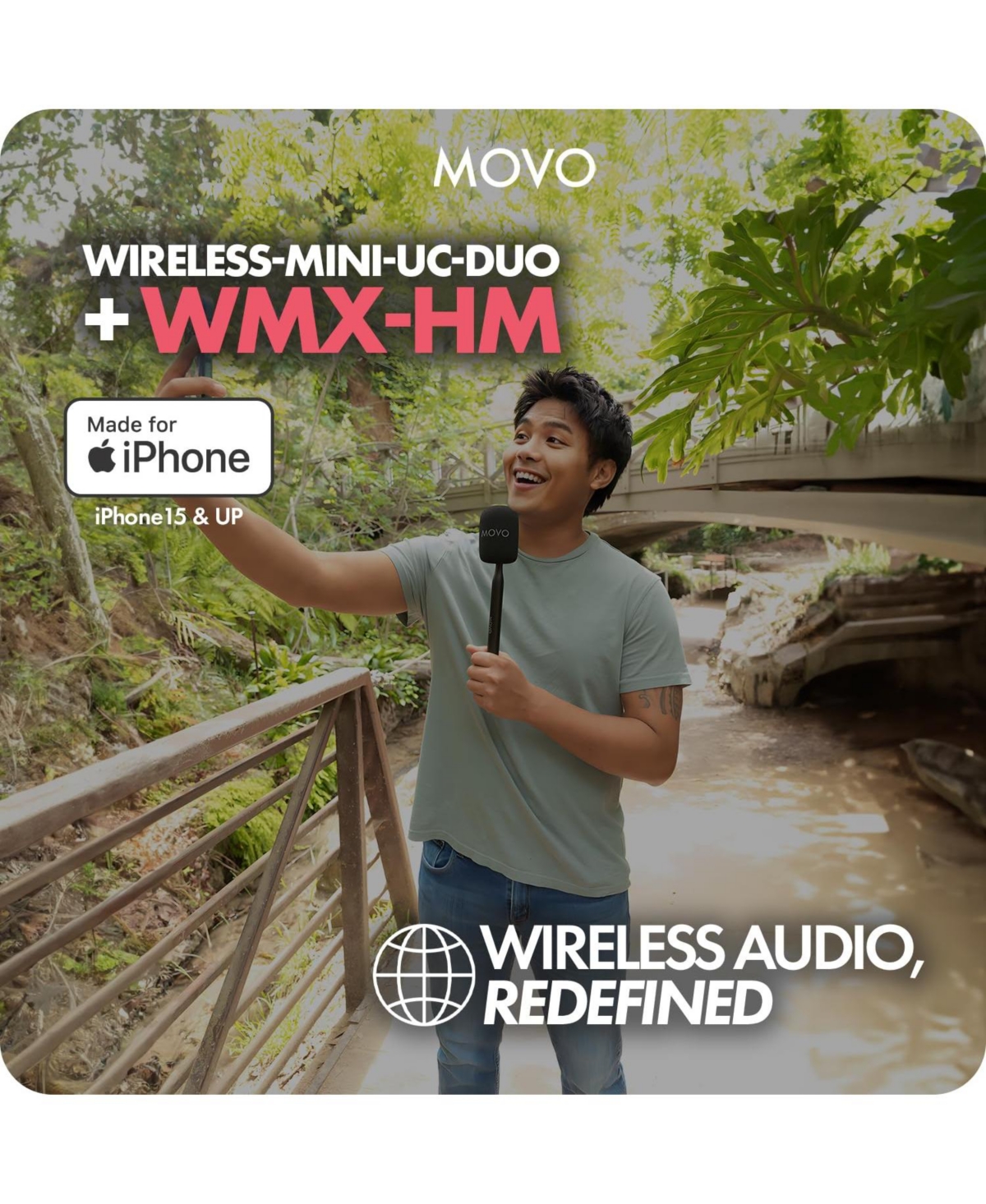 Movo Wireless Mini Uc Duo Dual Ultra Compact Wireless Lavalier Microphones for iPhone 15 and up with Handheld Adapter