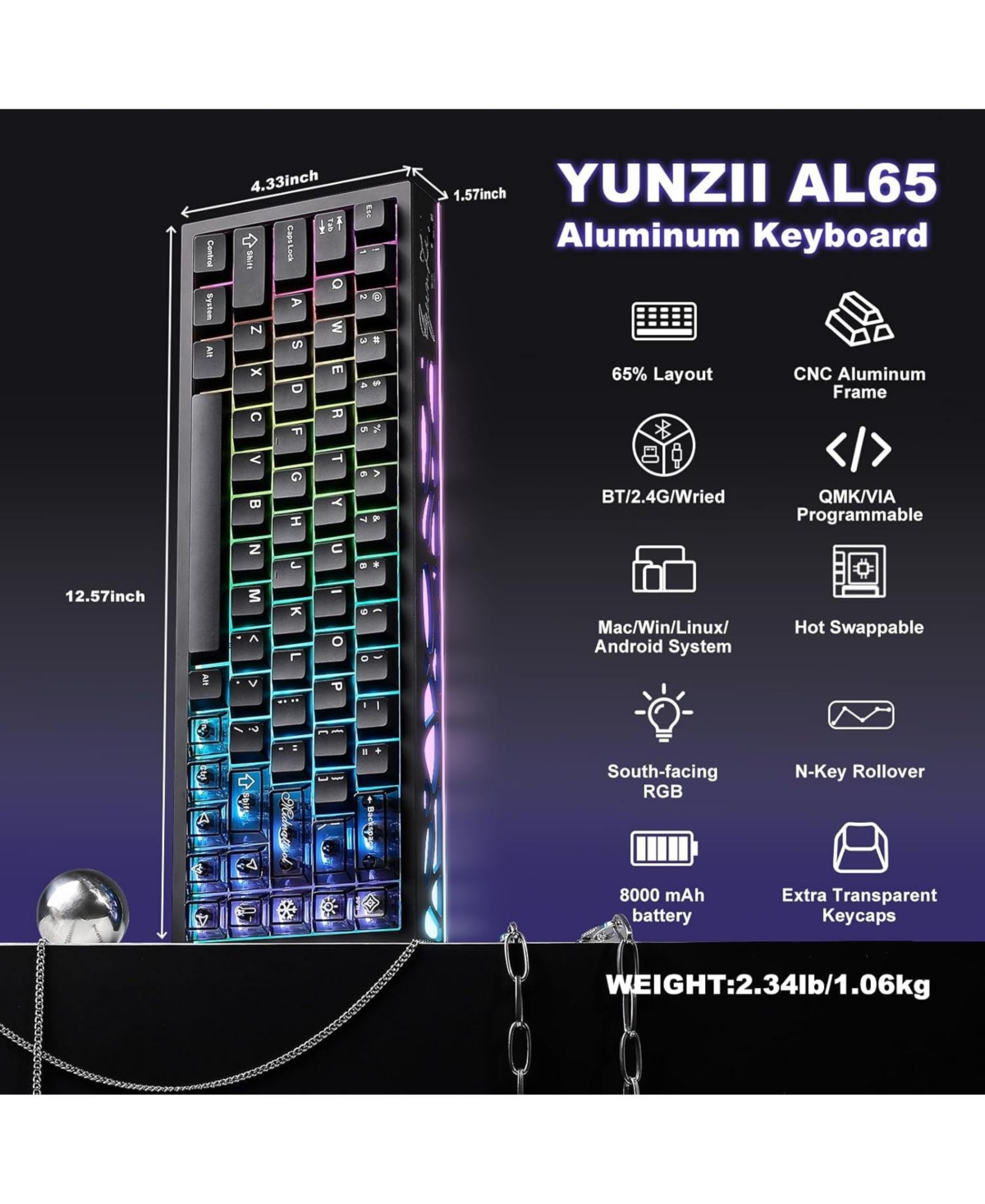 Lofree AL65 Wireless Mechanical Keyboard Full Aluminum Cnc,Support Qmk/Via Software Gasket Structure,60% Hot Swappable with Rgb Backlit Bt/2.4G/Usb-c