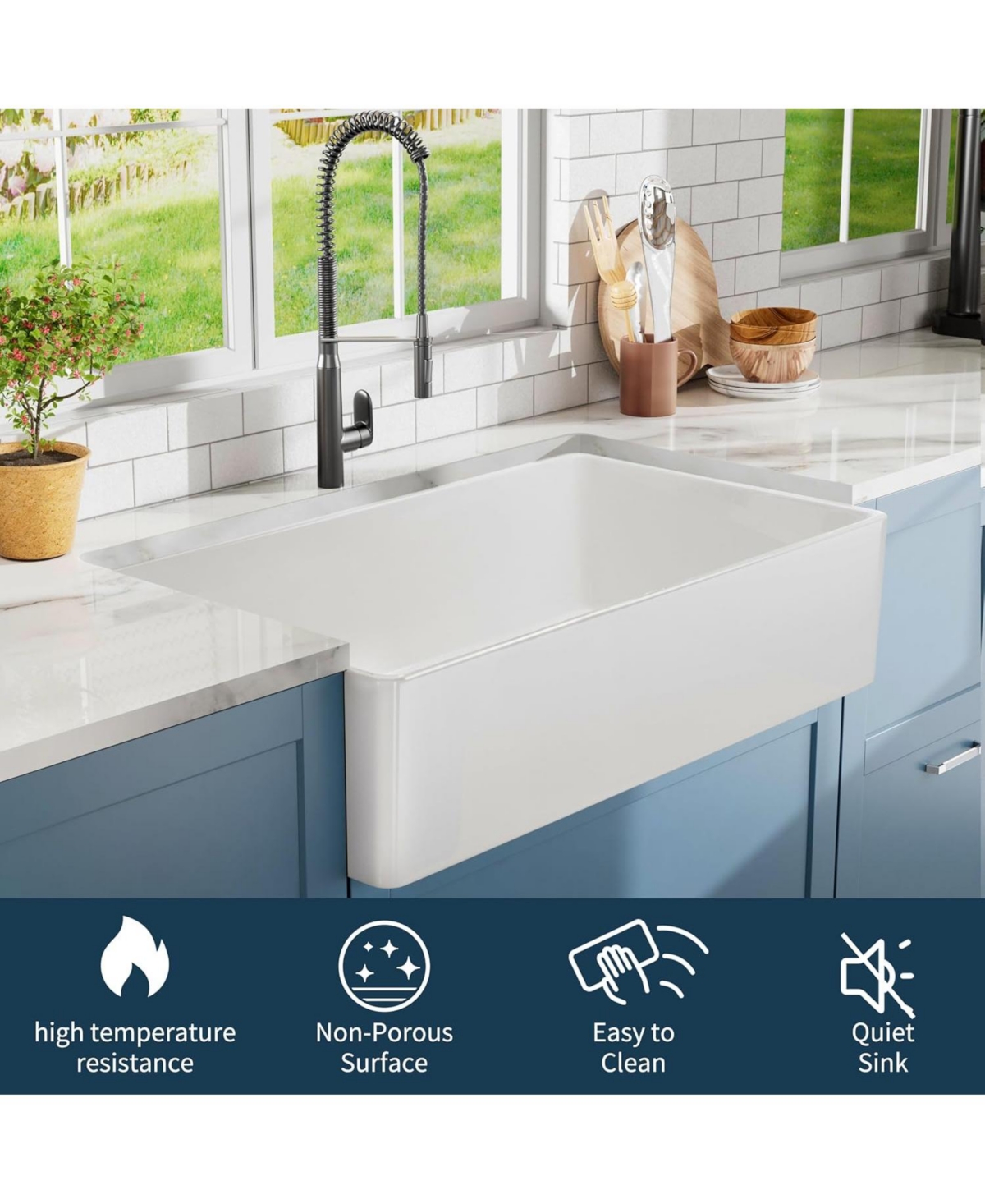 flynama 33inch White Fireclay Farmhouse Sink Apron Front Ceramic Porcelain Deep Single Bowl
