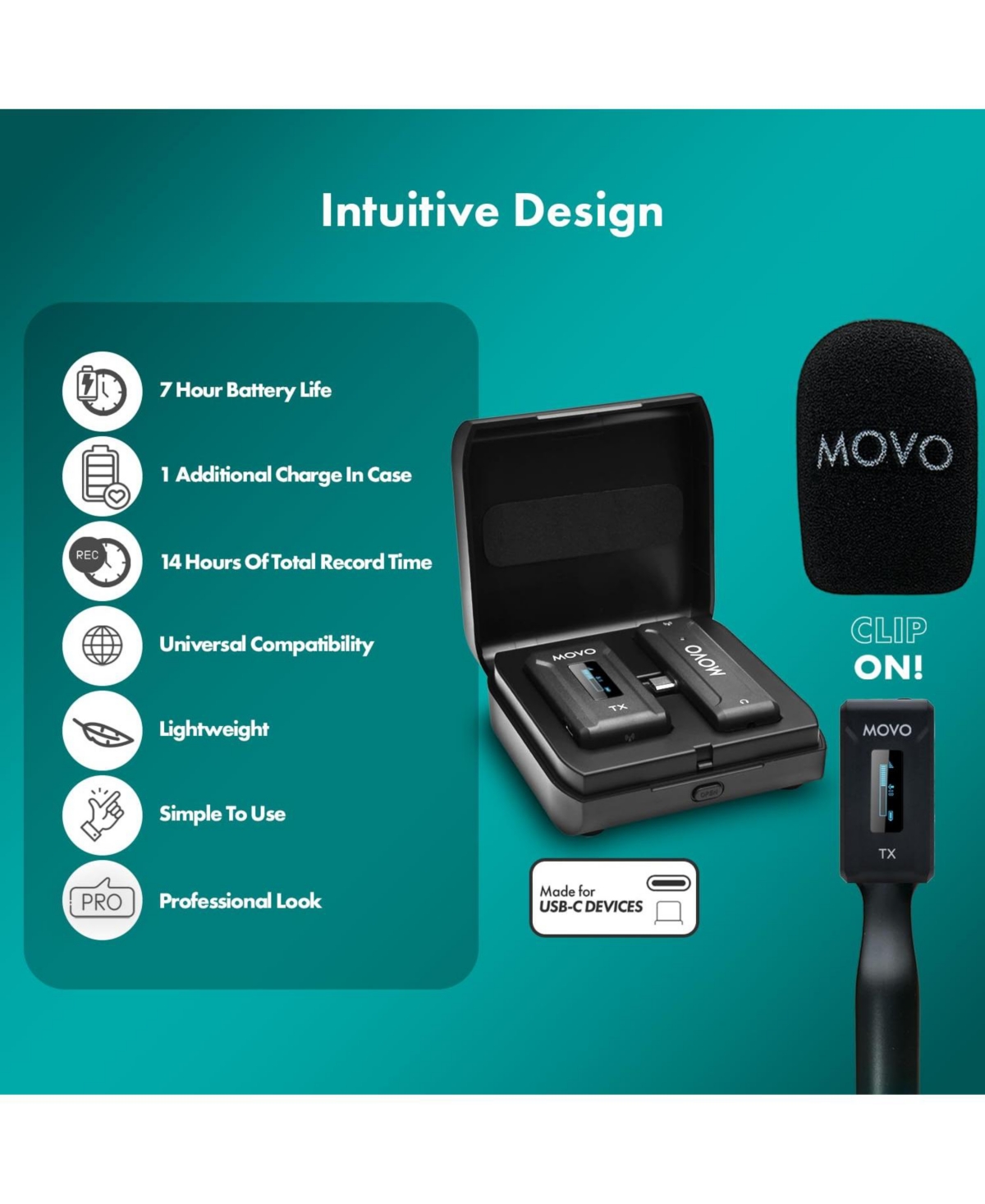 Movo Wmx-2-c Usb-c Wireless Lavalier Microphone for iPhone 15/Android/Usb C Devices with Wmx-hm Handheld Adapter