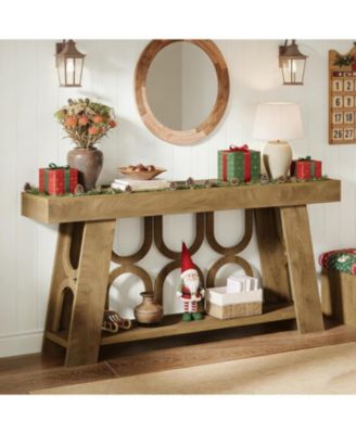 Narrow Farmhouse Console Table with 2-Tier Storage, 63" Long Sofa Entryway Table, Light Brown