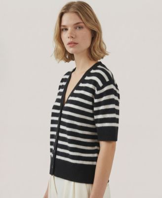 Women's Short-Sleeve Striped V-Neck Cardigan
