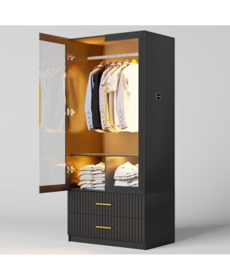 70.8" Modern Wardrobe Armoire with LED Glass Doors, Motion Sensor, 2 Drawers & Hanging Rod