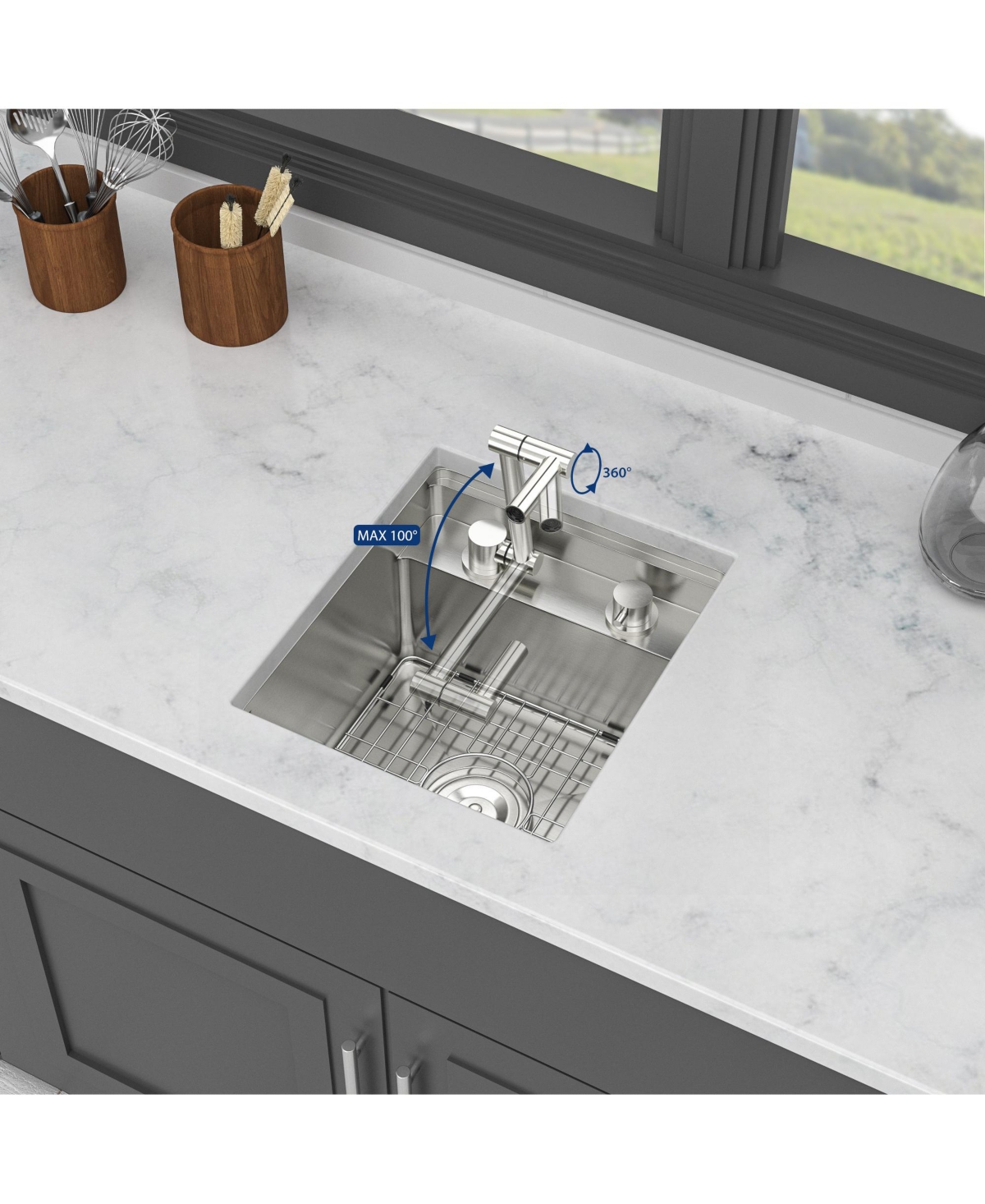 flynama 15x17x9inch Undermount Bar Sink with Folding Faucet Single Bowl 16 Gauge Stainless Steel