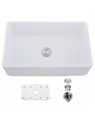 White Ceramic Farmhouse Kitchen Sink, Single Basin, Apron Front, Heat & Stain Resistant with Basket Strainer, 33" x 20" x 10"