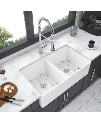 White Ceramic Porcelain Farmhouse Kitchen Sink, Double Bowl, Apron Front, 32" x 20" x 9"