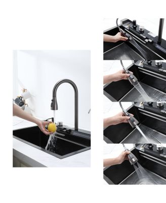 Smart Waterfall Kitchen Sink 304 Stainless Steel Single Bowl Pull Out Faucet Vegetable Basin