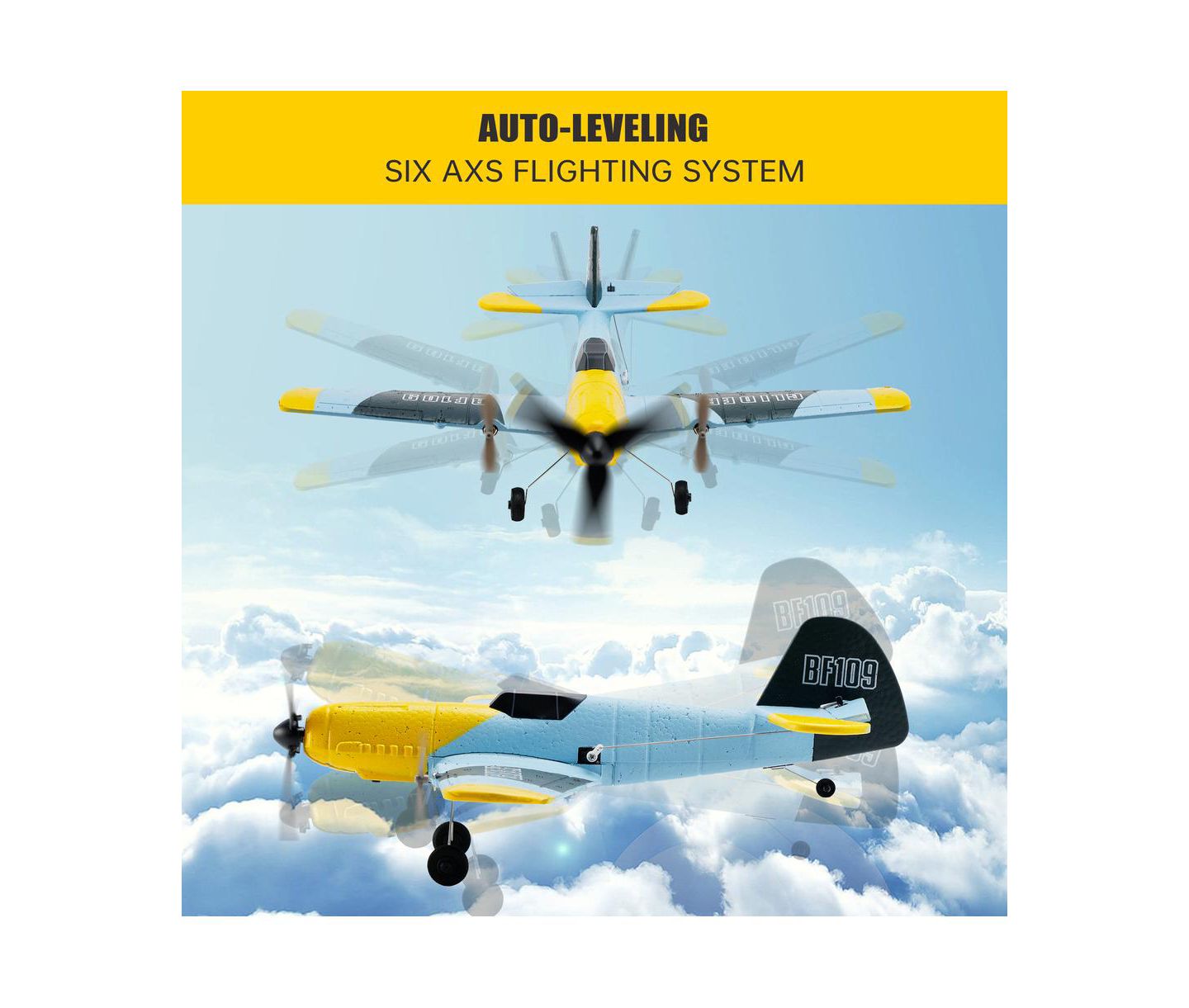 Детская игрушка Bruce & Shark Bf-109 6-Axis Gyro Stabilization Remote Control Plane with 2 Batteries, цвет: Жёлтый — фото 4