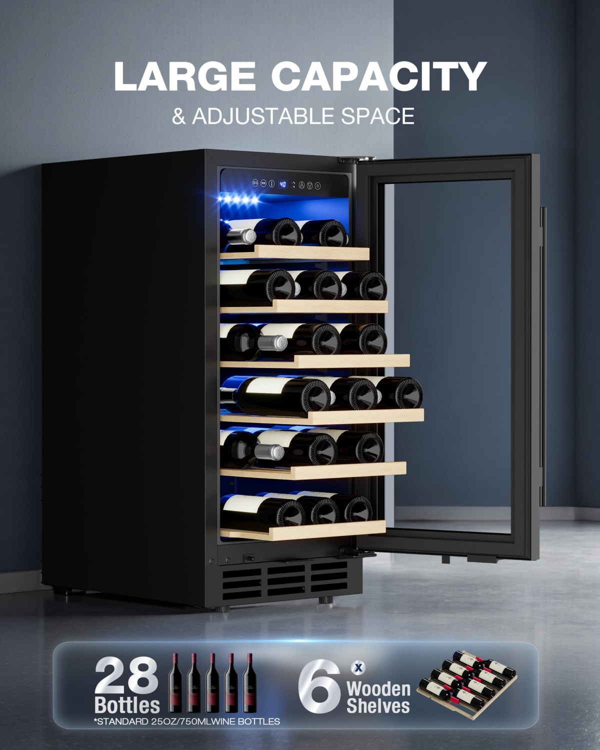 Euhomy 15-in 28Bottles Built-in/Freestanding Indoor Beverage Refrigerator in Black with Glass Door