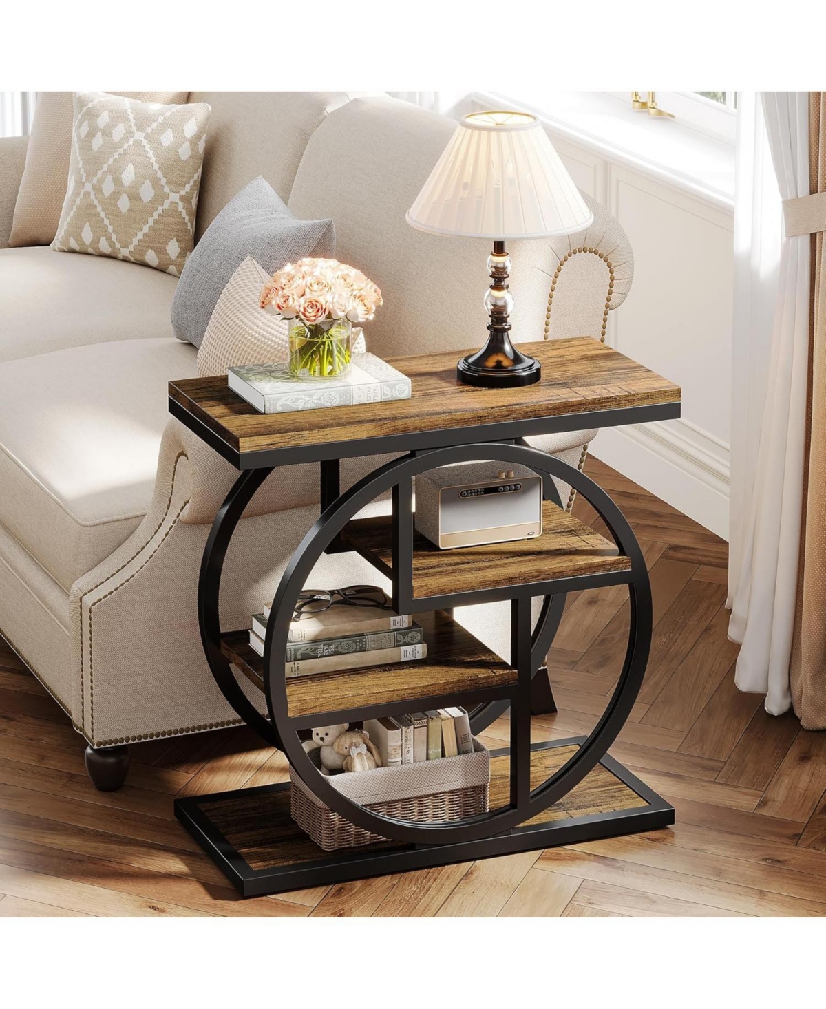 Tribesigns End Table Set of 2, 4-Tier Narrow Side Table, Wood Small Sofa Industrial Bedside for Bedroom