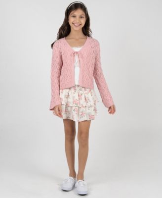 Girls' 7-12 Long-Sleeve Crochet Cardigan, Cami and Skort, 3-Piece Set
