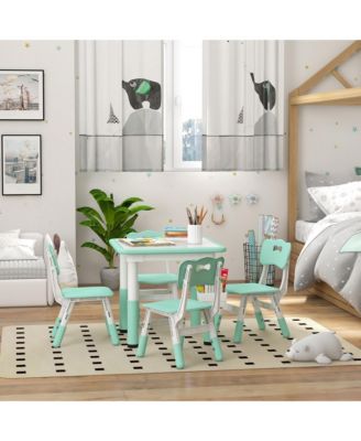 Kids Table and Chair Set Height Adjustable 5 Piece Toddler Table Set with Storage Box Easy Clean Activity Table with 4 Chairs for 18M 5Y Green