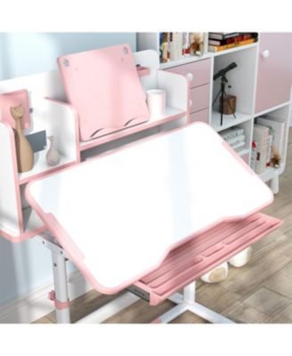 Kids Desk and Chair Set Height Adjustable Study Desk with Tilt Desktop Storage Drawer Reading Rack for Writing Reading Drawing Pink
