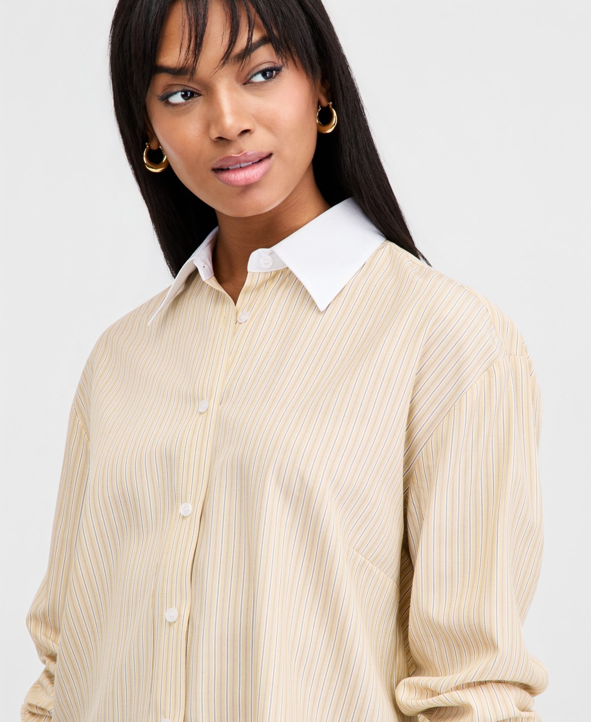 Bar Iii Women's Contrast-Collar Striped Shirt, Macy's Exclusive