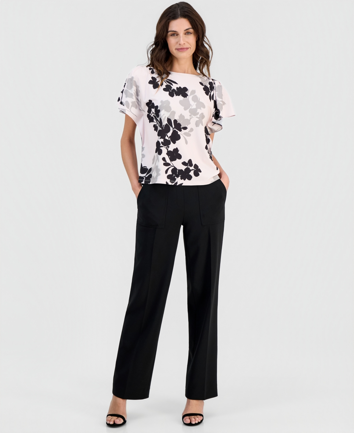 Anne Klein Women's Printed Cascade-Flutter-Sleeve Top