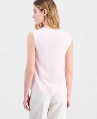 Petite Asymmetrical Shoulder Pleat Crew Neck Top