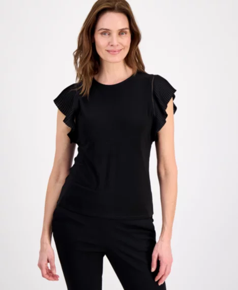 Petite Round Neck Ruffle-Sleeve Top - Anne Black