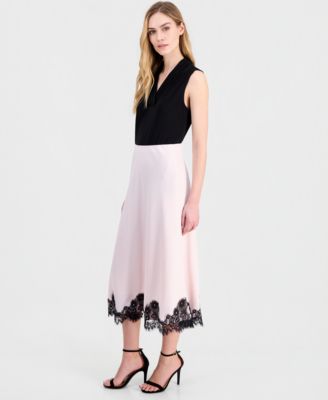 Women's Lace-Trim Midi Satin Skirt
