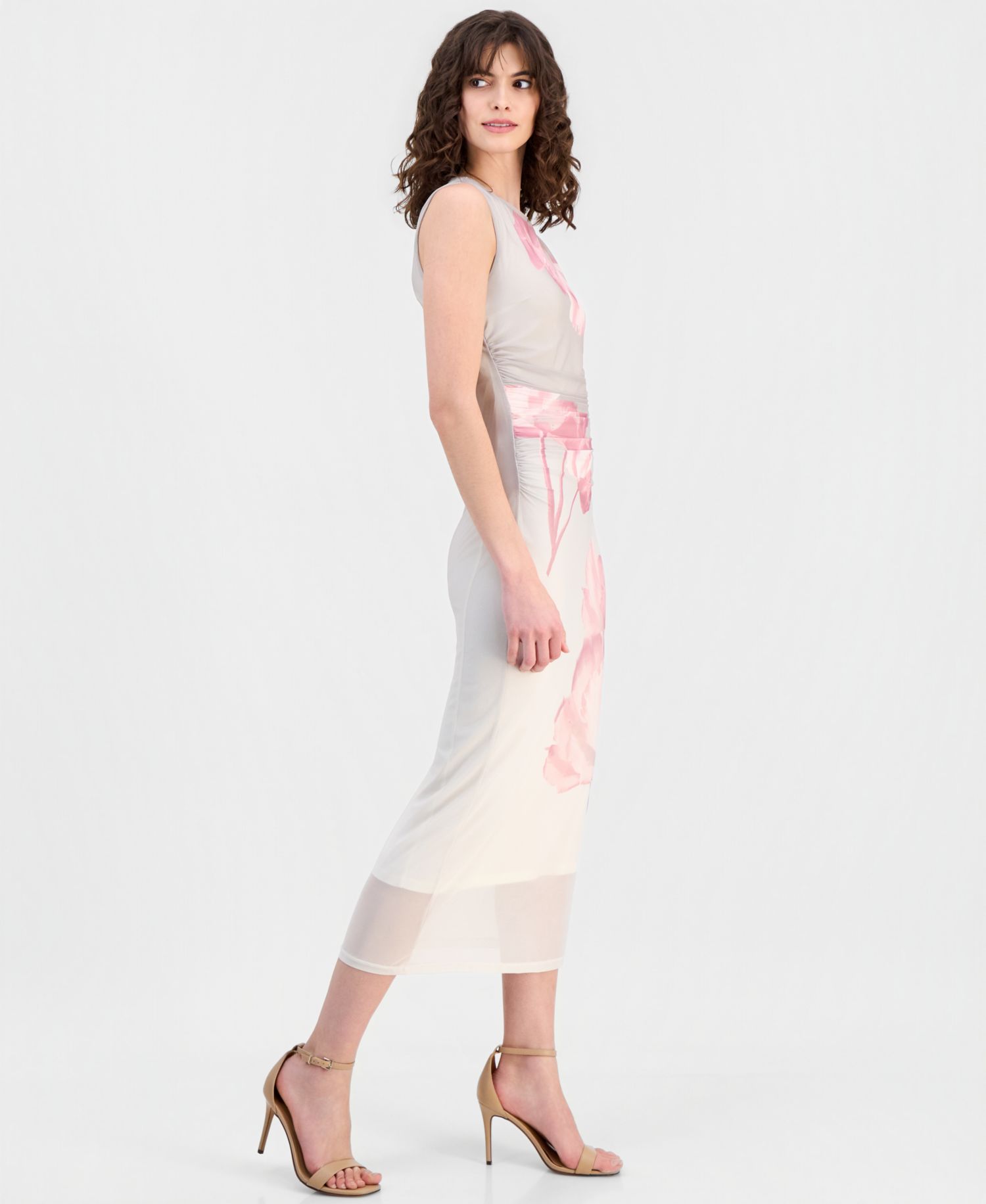 Women's Mesh Floral-Print Ruched-Waist Midi Dress