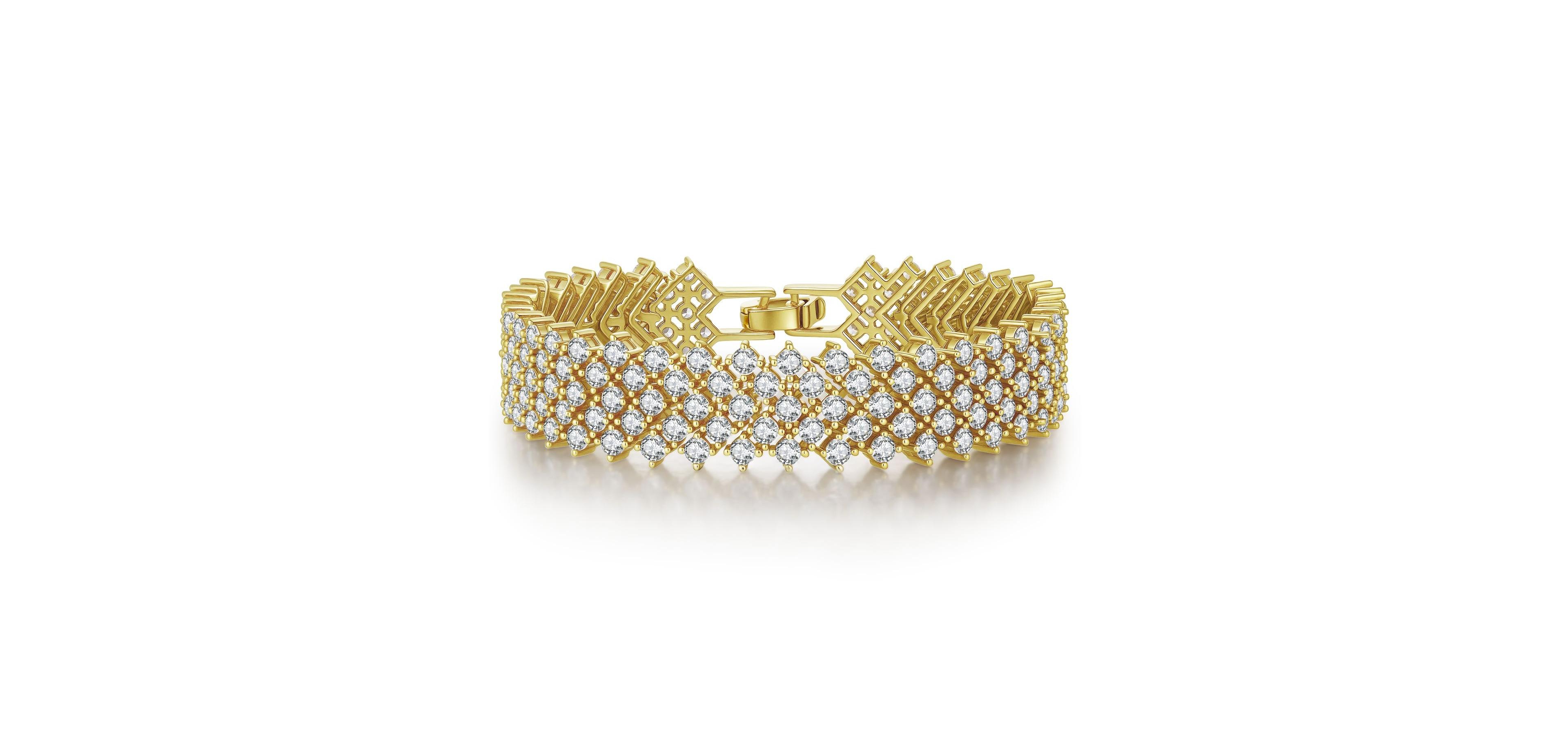 Sterling Silver 14K Gold Plated Clear Cubic Zirconia 4-Row Tennis Bracelet