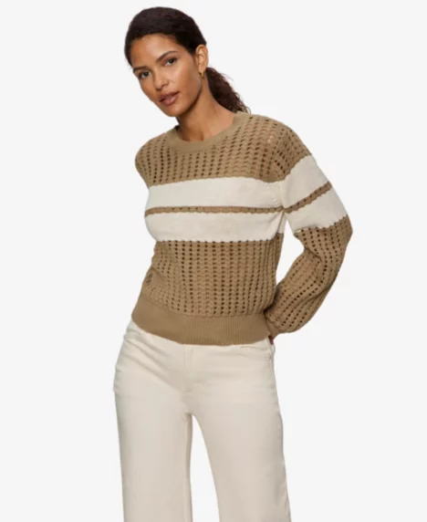 Petite Sporty Openwork Popover Crew neck Sweater - Tan/Beige