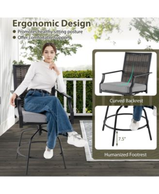 Outdoor PE Wicker Swivel Bar Stools with Back Armrests and Cushion