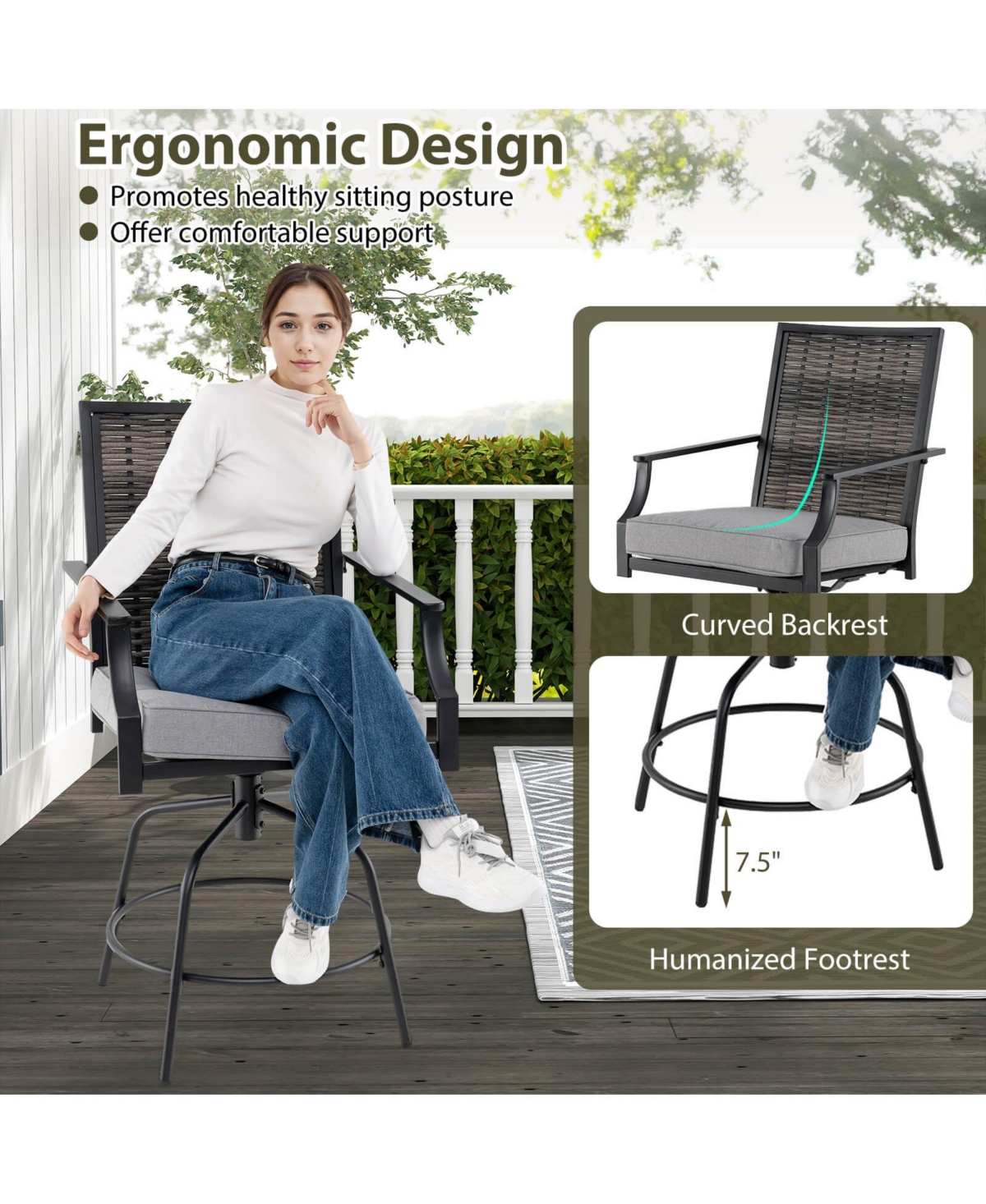 Costway Outdoor Pe Wicker Swivel Bar Stools with Back Armrests Cushion