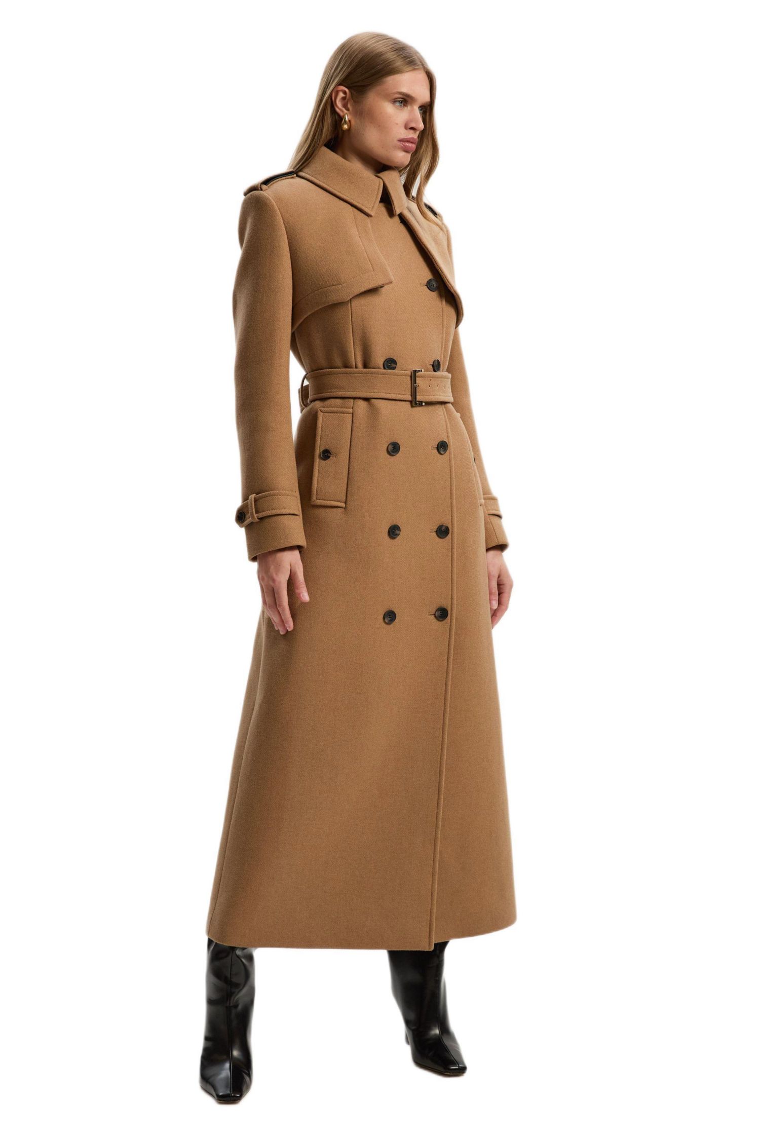 Women's Wool Mix Belted Trench Maxi Coat.